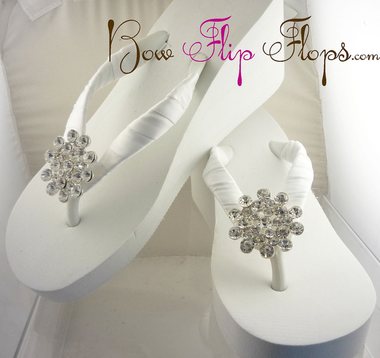 Bridal Ivory Flip Flops Wedge Rhinestone White Jewel Bling Satin Bride ...