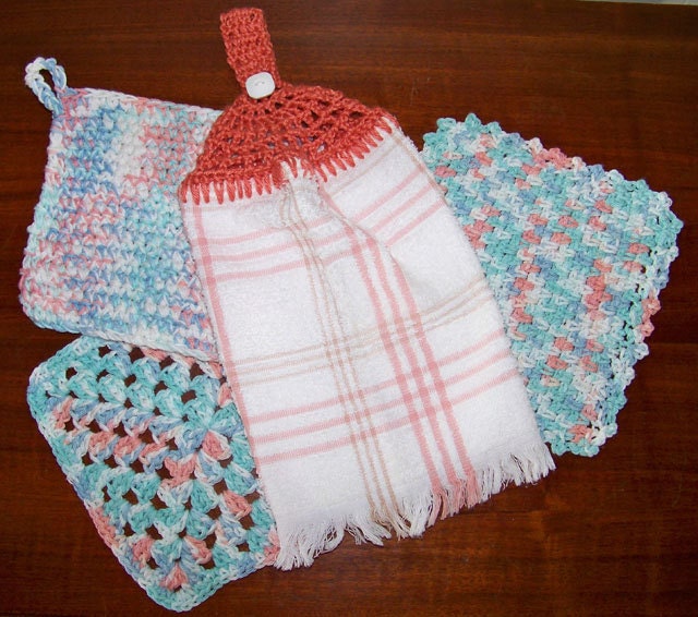 Teacher Gift Peach, Green, Blue 4 pc Kitchen Set Cotton Dishcloths Potholder Hanging Towel with Crocheted Top