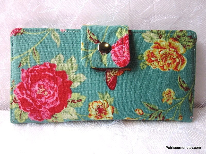 Handmade vegan women wallet teal blue garden pink yellow flowers, butterflies
