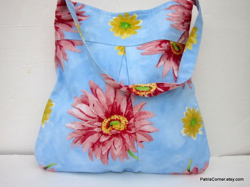 Pleated shoulder vegan bag blue spring large flower - Ready to ship