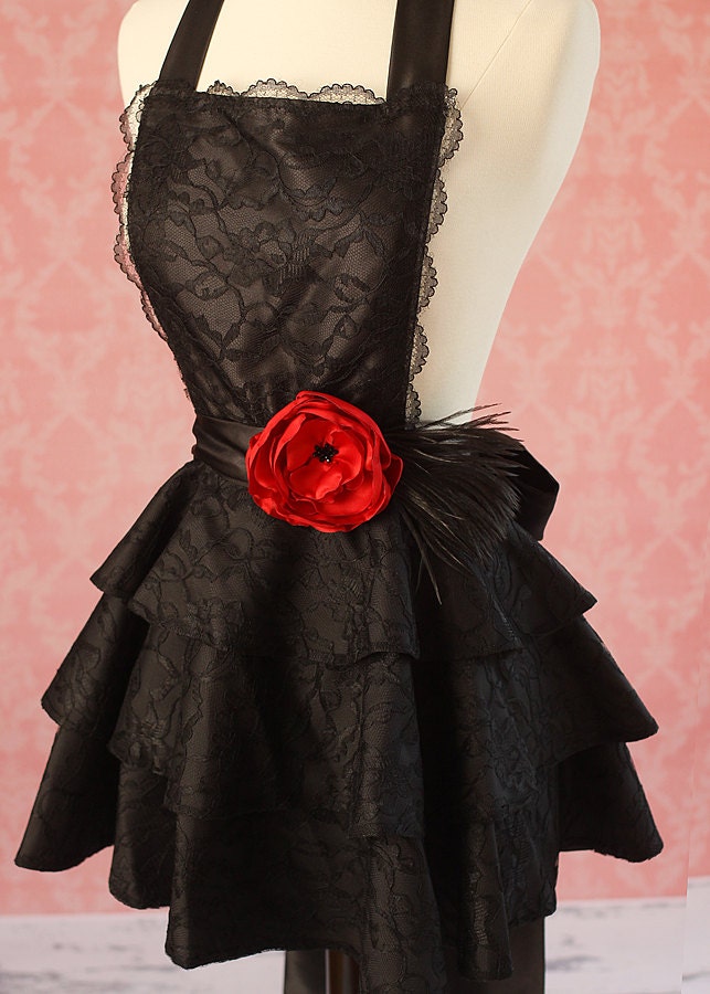 Sexy Vintage Inspired Fashion Apron - Black Satin and Lace