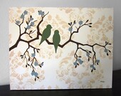 Damask Birds Painting, Cottage Chic Wall Decor, Original Painting, 20 x 16 inch