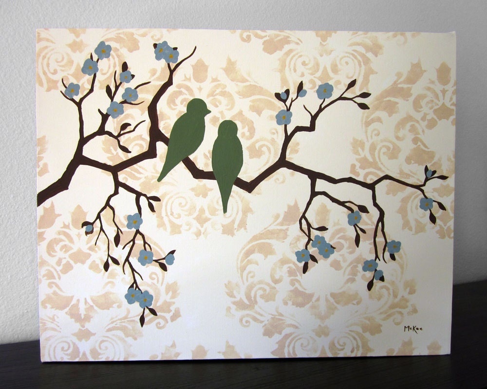 Damask Birds Painting, Cottage Chic Wall Decor, Original Painting, 20 x 16 inch