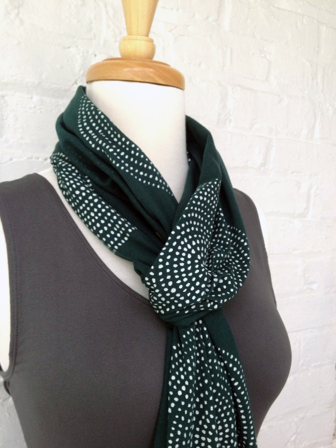 Screen Printed Cotton Jersey Scarf. Teal and White. Mosaic Pattern.