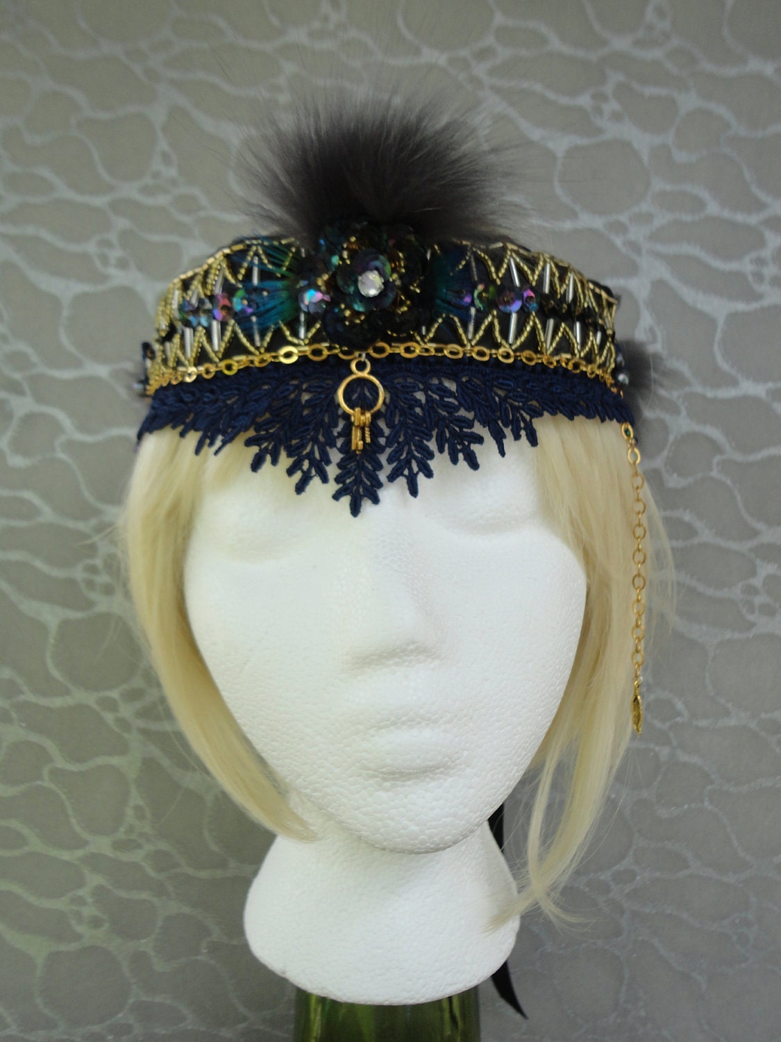 Navy Blue n Gold Headband w Fox Fur, Hand-beaded Pearls, Sequins, Appliques, Ribbons, Chains, 3 Key Charms & Feathers, Glass beads Custom