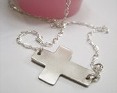 Brushed Sideways Cross Necklace - Sterling Silver, Satin, 16 inch, Chunky, Delicate, Dainty, Modern, Minimalist, Simple