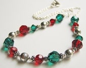Crystal Bead Christmas Necklace - Xmas Red Green Swarovski Crystals, Sterling Silver Oxidized Beads Chain Toggle Clasp