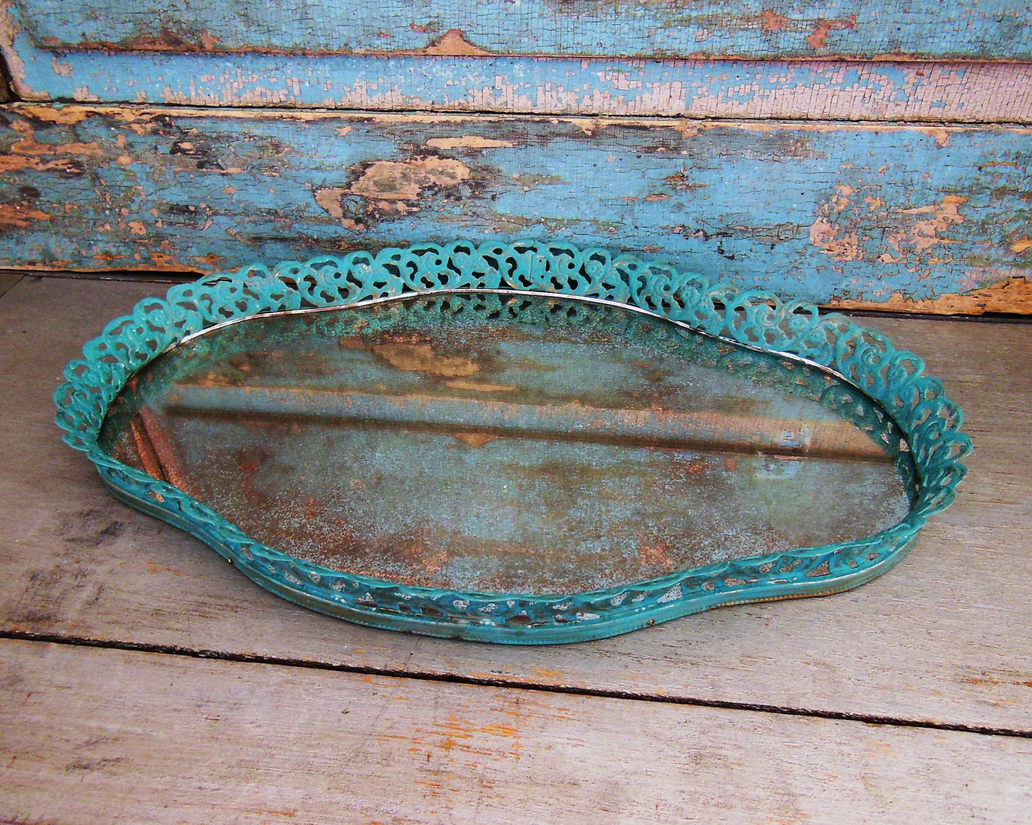 Filigree Vanity Mirror Tray Teal Green Blue Verdigris Patina