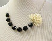 Creamy Rose Cabochon Necklace with Onyx Beads