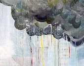 Gray rainy clouds 11x17 print of a multimedia painting of gray clouds with rainbow rain in a light white and blue sky