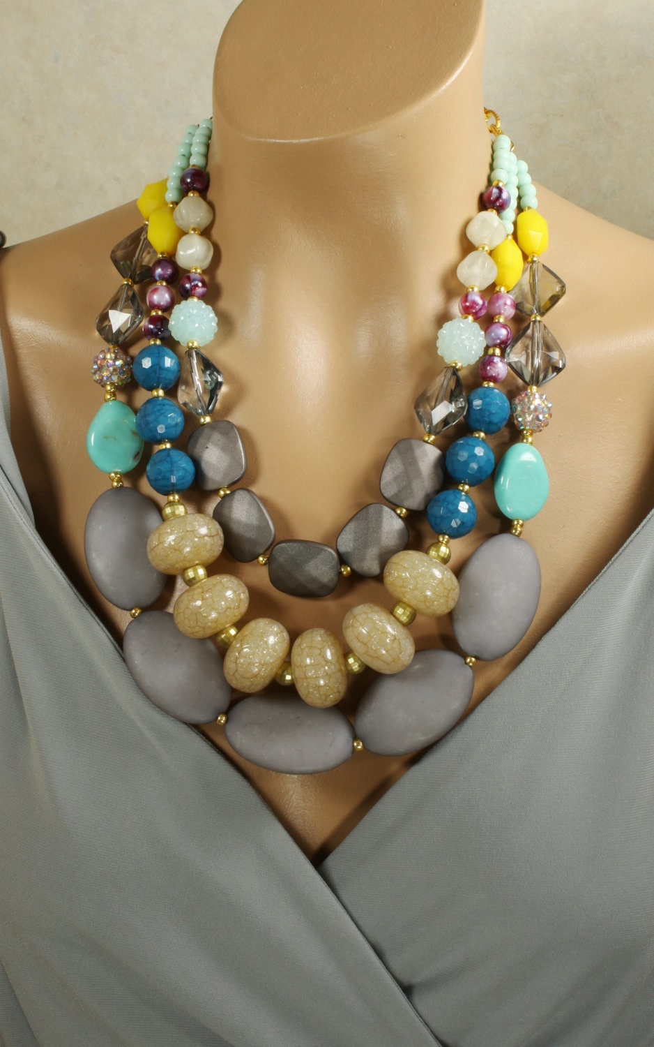 Huge Chunky Colorful Multistrand Statement Necklace, Gray, Beige, Neutral, Multicolor, Anthropologie Necklace,Skipping Stones