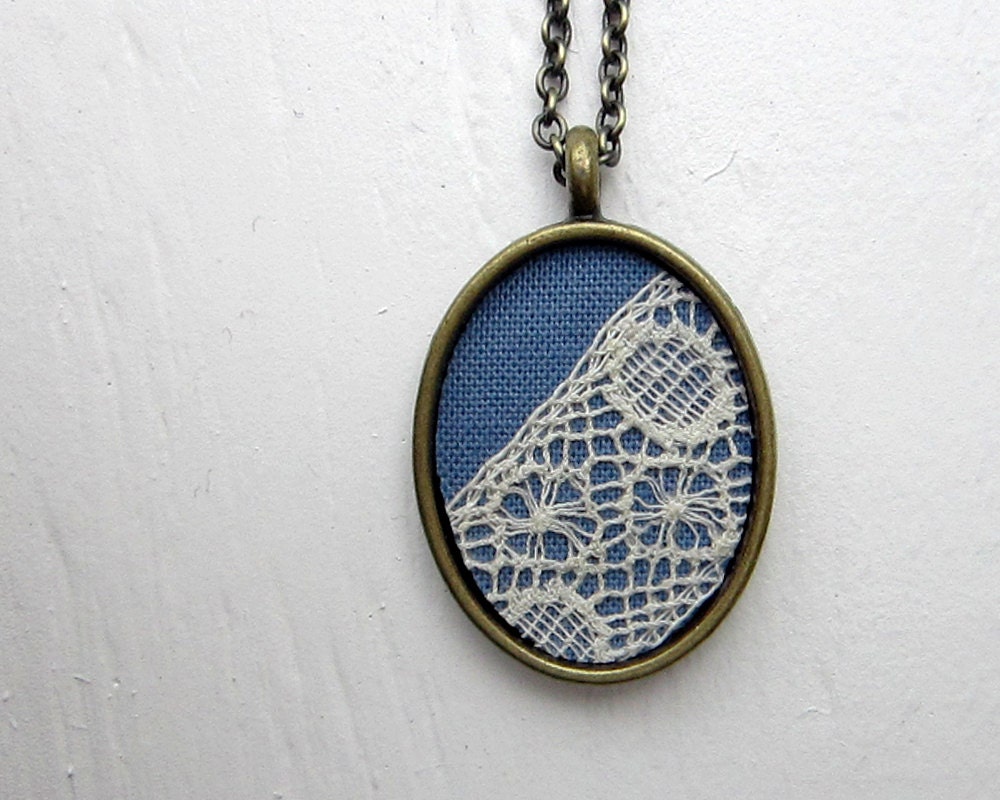 Blue Lace Necklace, Vintage Lace Blue Jewelry, French Cottage Chic White, Blue Pendant, Brass - TheWhirlwind