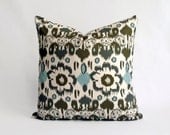 Designer Pillow Cover in Rio Village Blue/ Natural - 18x18 or 20x20 inch - (Ikat in Chocolate Brown, Taupe, Grey, Blue, Cream)