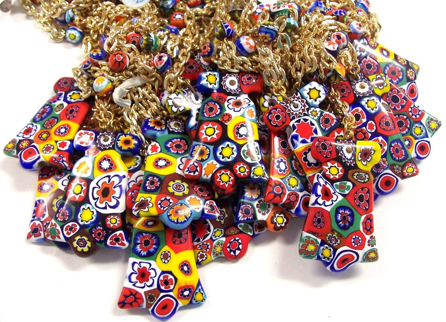 Twenty (20) VINTAGE Murano Millefiori Liberty Bell NECKLACES BiG Lot Venetian Millefiori Glass Mosaic Unused Stock Jewelry Destash (F172)