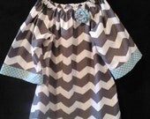 Boutique Handmade Gray Chevron stripe Peasant Dress Aqua Turquoise Polka dot accents girls 12 months to size 8
