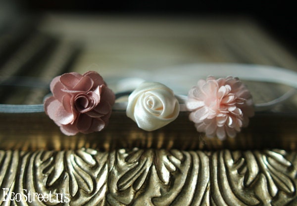Three Baby Headbands, Newborn Headband in White Cream, Pink and Gray, Great for Photo Prop