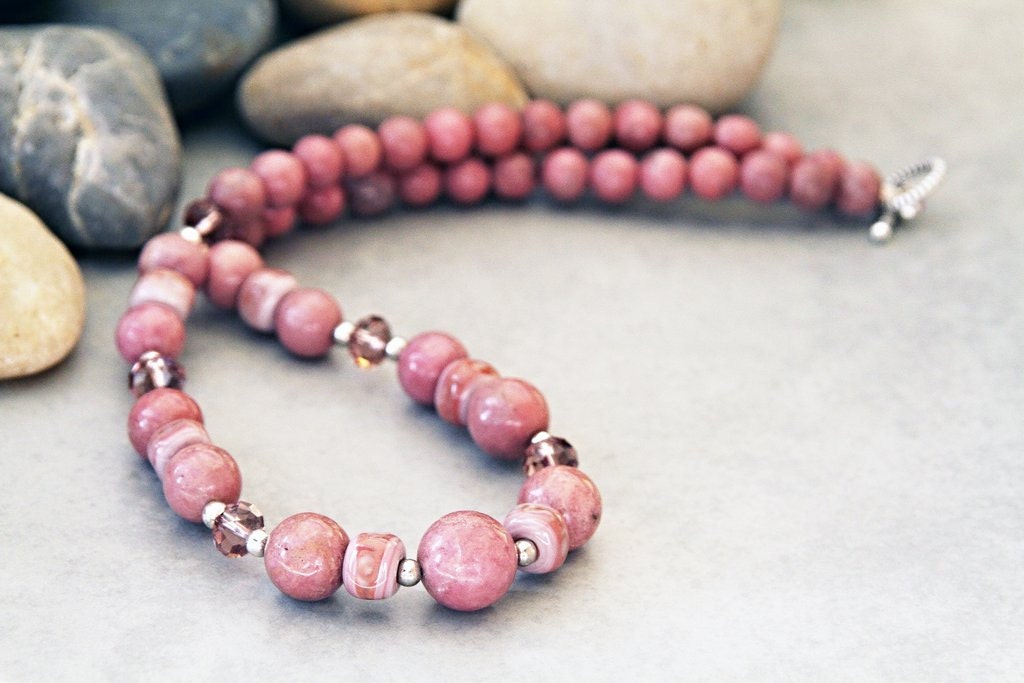 Tickled Pink - Pink Rhodonite, Handcrafted Glass and Crystal Necklace