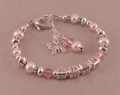Childs Name Bracelet, White Pearls, Birthstone, Personalized, toddler, little girls jewelry, baptism, baby girl, pink, butterfly