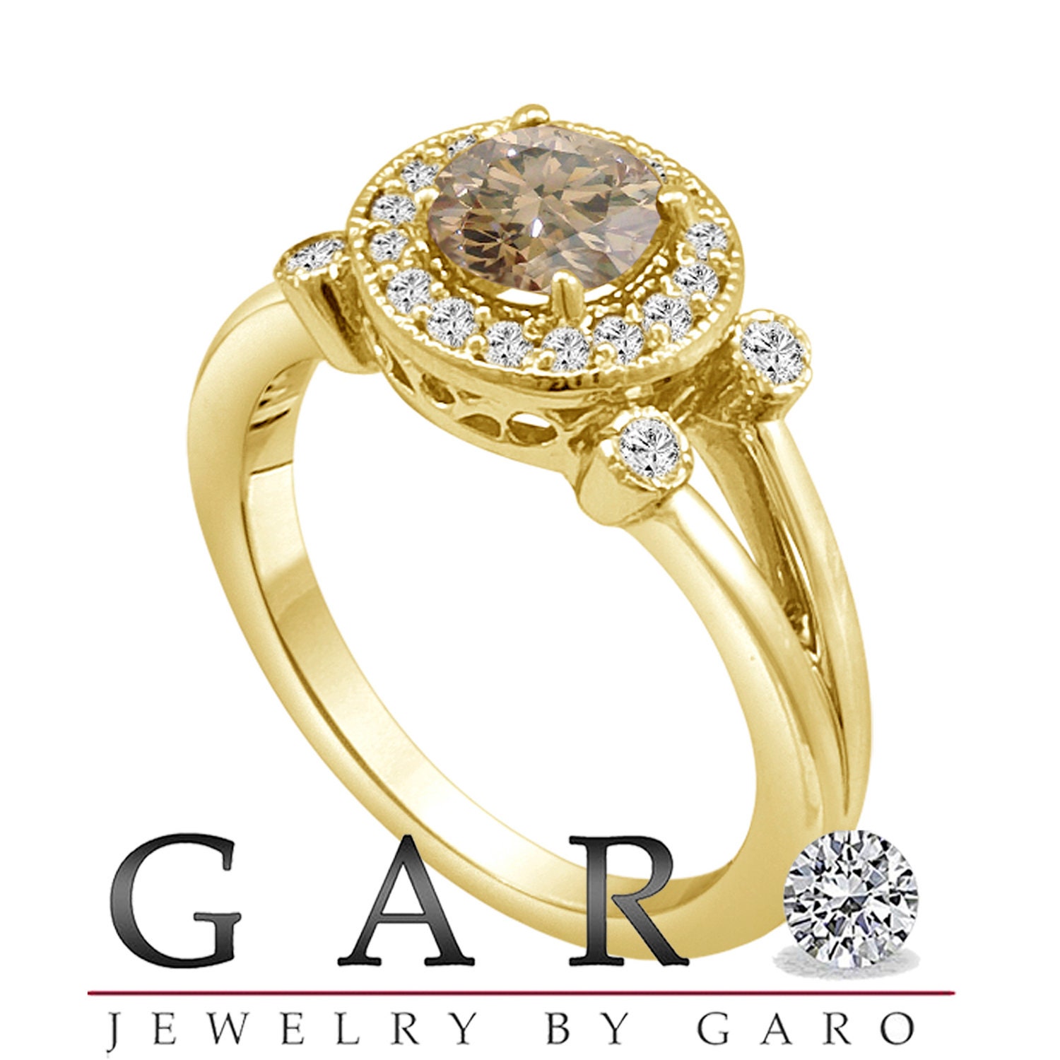 18k Yellow Gold 1.03 Carat CERTIFIED Champagne & White Diamonds Unique Halo Engagement Ring handmade