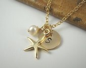 Personalized 20k Gold Initial Starfish Necklace, Starfish Charm Necklace, Ocean Treasures