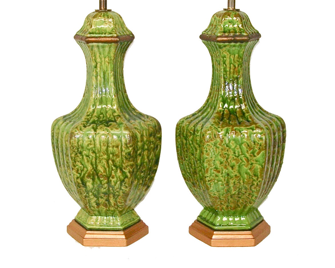 XXL PAIR Hollywood Regency Pottery Lamps with a Green Lava Drip Glaze