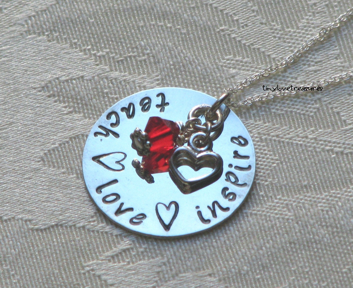 TEACH LOVE INSPIRE Sterling Silver hand stamped necklace for the best teacher in your life