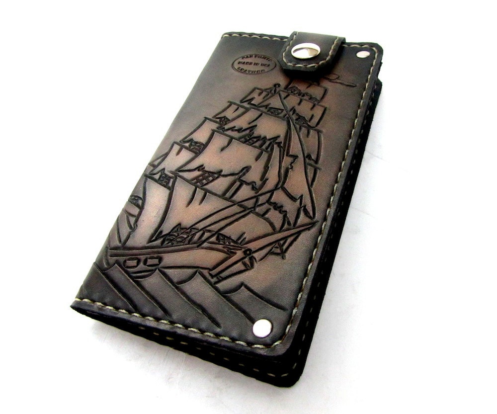 Clipper Ship Leather Biker Wallet with Snap Black and Grey Hand Carved and Dyed