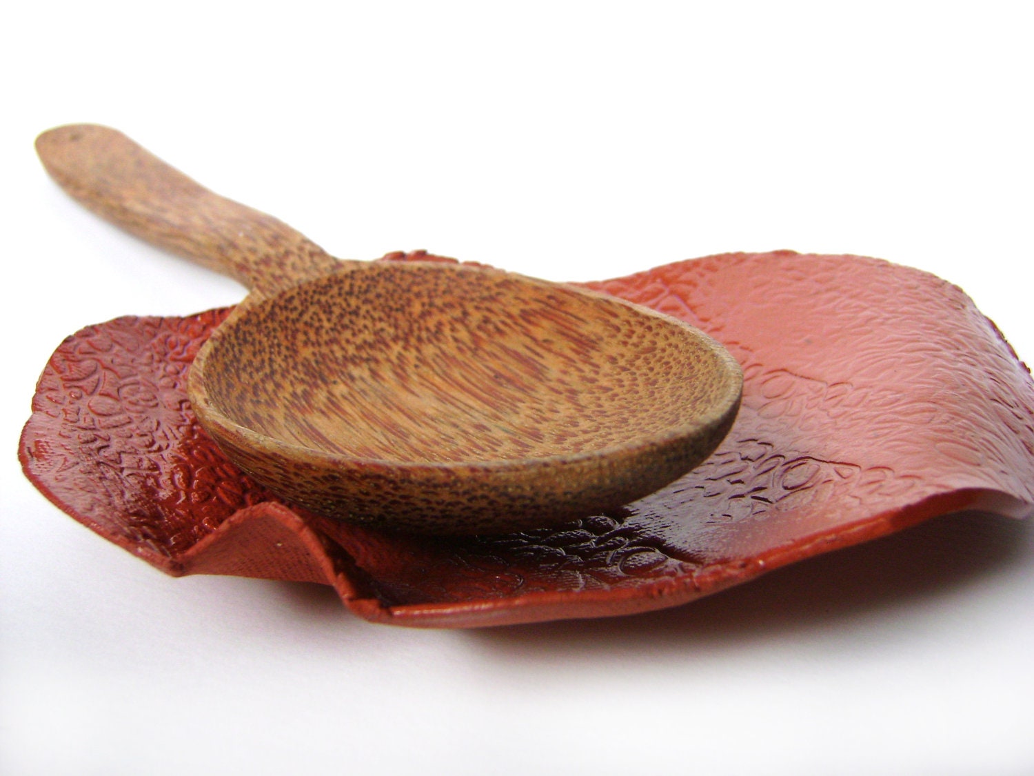 Ceramic Kitchen Spoon Rest with Lace Imprint - red clay soap dish home decor pottery by stuckinthemudpottery (made to order)