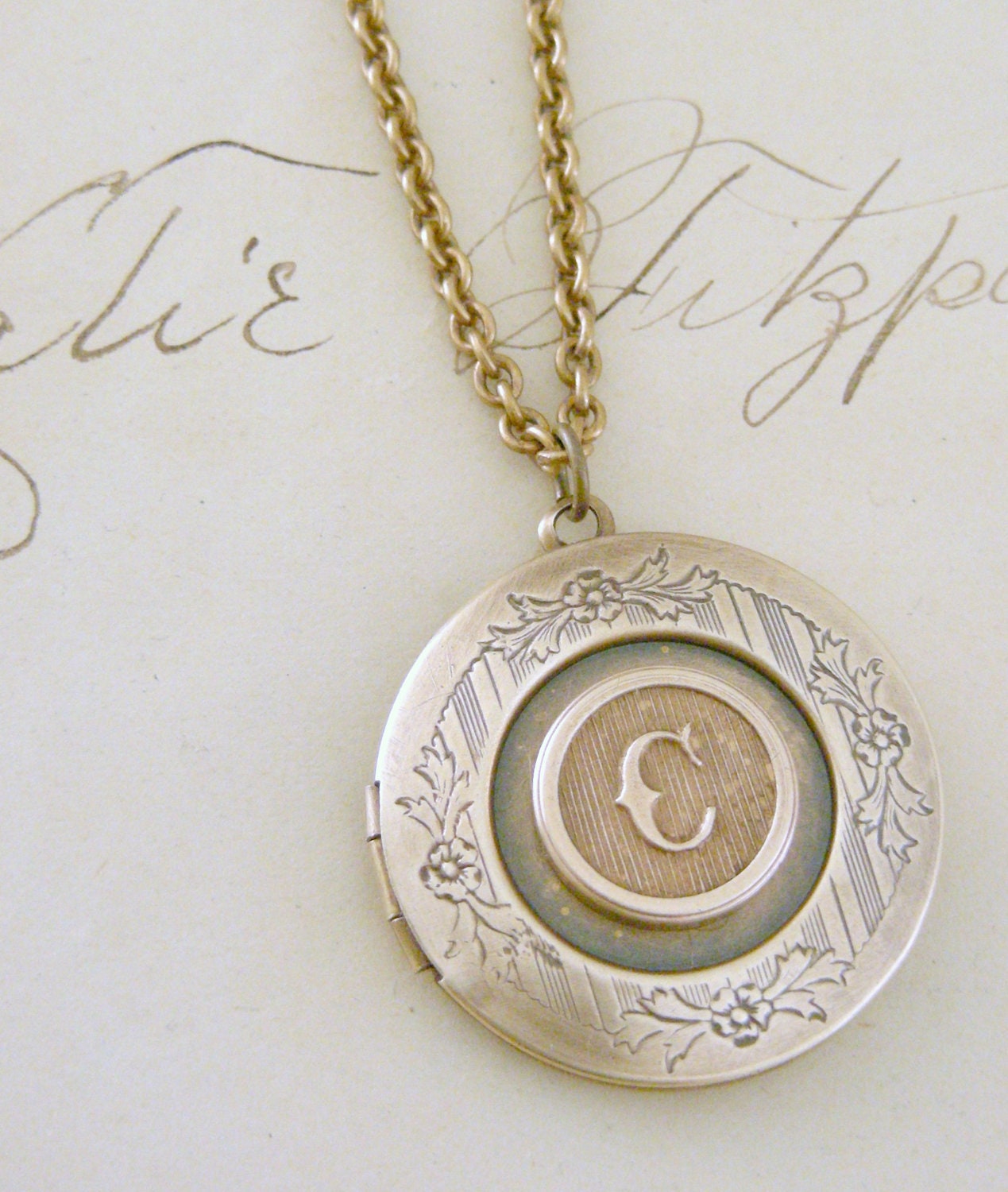 Locket Necklace Initial Letter C - Vintage Brass - Handmade