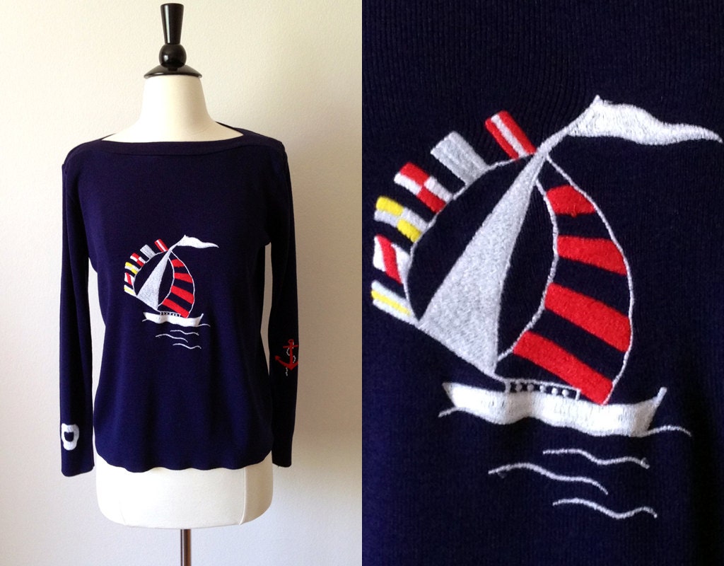 1970s navy embroidered sailboat nautical boat neck sweater m l
