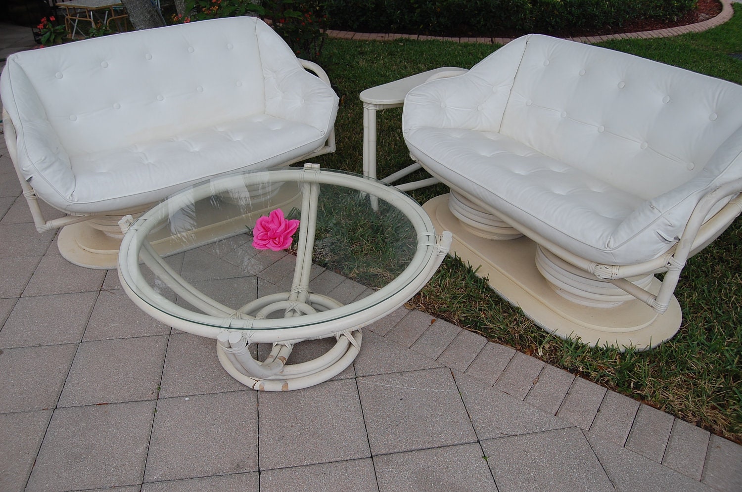 Pair Bamboo Rattan Sofa Settees with White Vinyl Cushions On Sale Cottage Style at Retro Daisy Girl