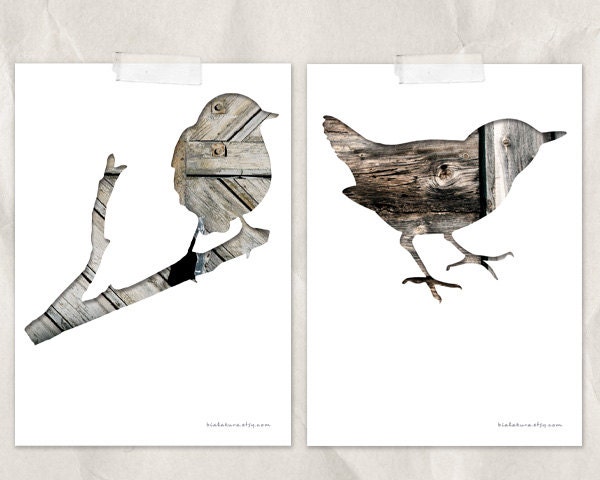 birds 5x7 art print set, silhouette collage photography, set of 2, blank notecard, taupe, brown, gray, rustic decor, sparrow, animal art