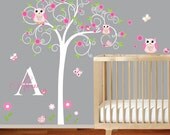 Children Wall Decal Girls Nursery Vinyl Wall Stickers Flowers Owls Curl Tree Butterflies Custom Monogram