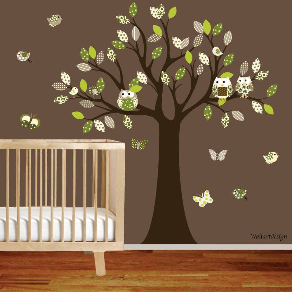 Children Wall Decal Wall Sticker tree decal - pattern leaf tree - with owls birds butterflies