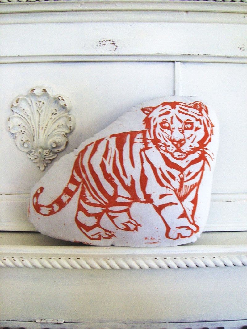 Plush Tiger Pillow. Hand Woodblock Printed. Customizable Colors. Made to Order.