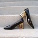 1990s High Heels / Early 90s Black Patent Gold Chunky Heels / Unworn / 6 1/2 to 7