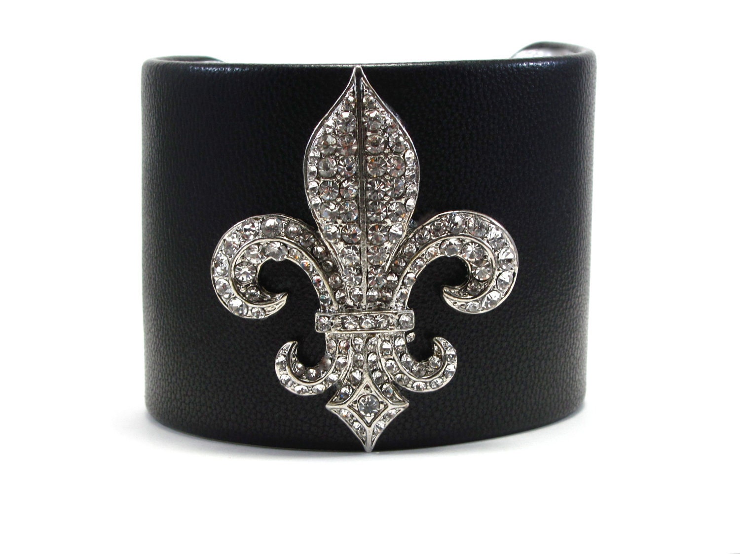 Fleur de Lis Cuff Bracelet - Black Leather Jeweled Cuff - French Jewelry - Crystal Fleur de Lys Accessory