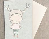 Greeting Card - Blue Deer Girl Striped Green Socks-  6.2 x 11.5 " or 160x110.5 mm