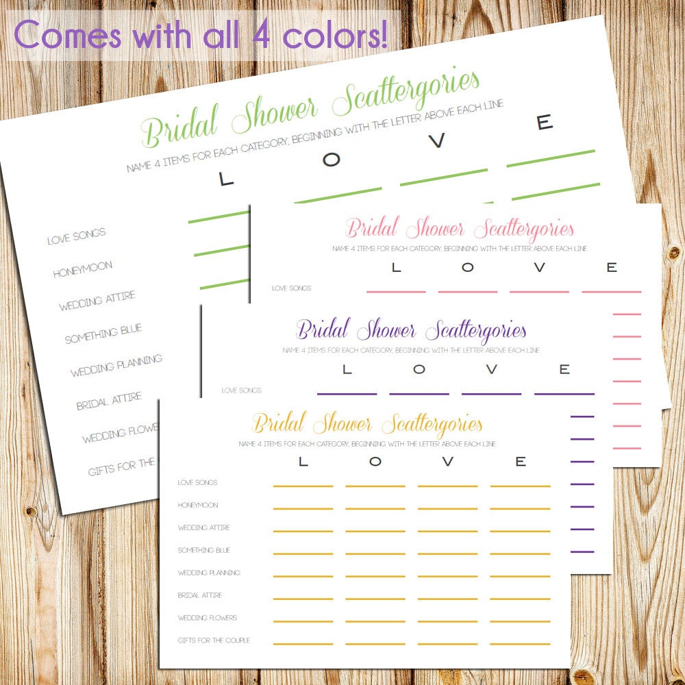 Bridal Shower Scattergories -- DIY Printable Game Cards
