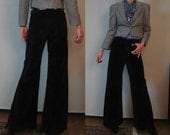 Vintage 70s VELVET WIDE LEG Black Cotton Pants Bellbottom xs Small 1970s