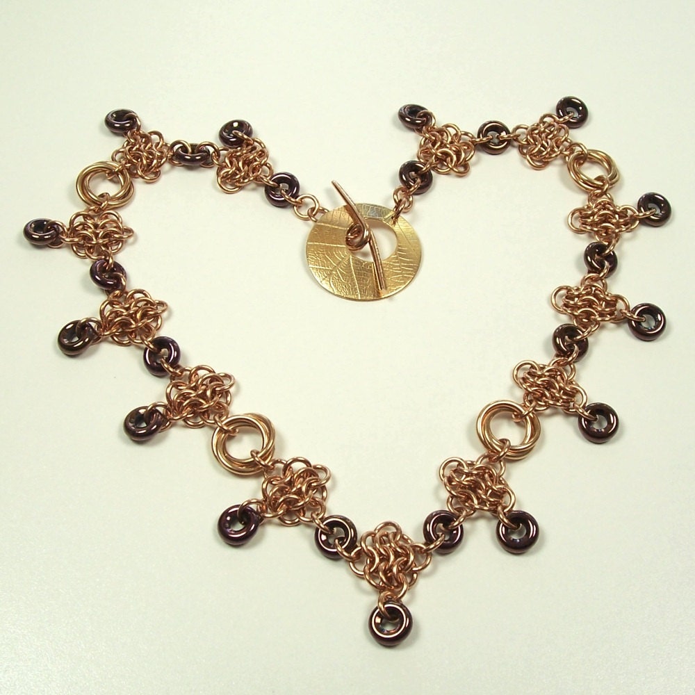 Bronze Chain Mail Rosettes Necklace, Czech Glass Rings, Purple Bronze, Chainmaille Jewelry