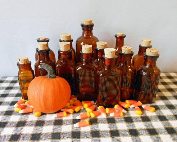 Vintage amber bottles, Halloween decor, Halloween party favor, Vintage Halloween