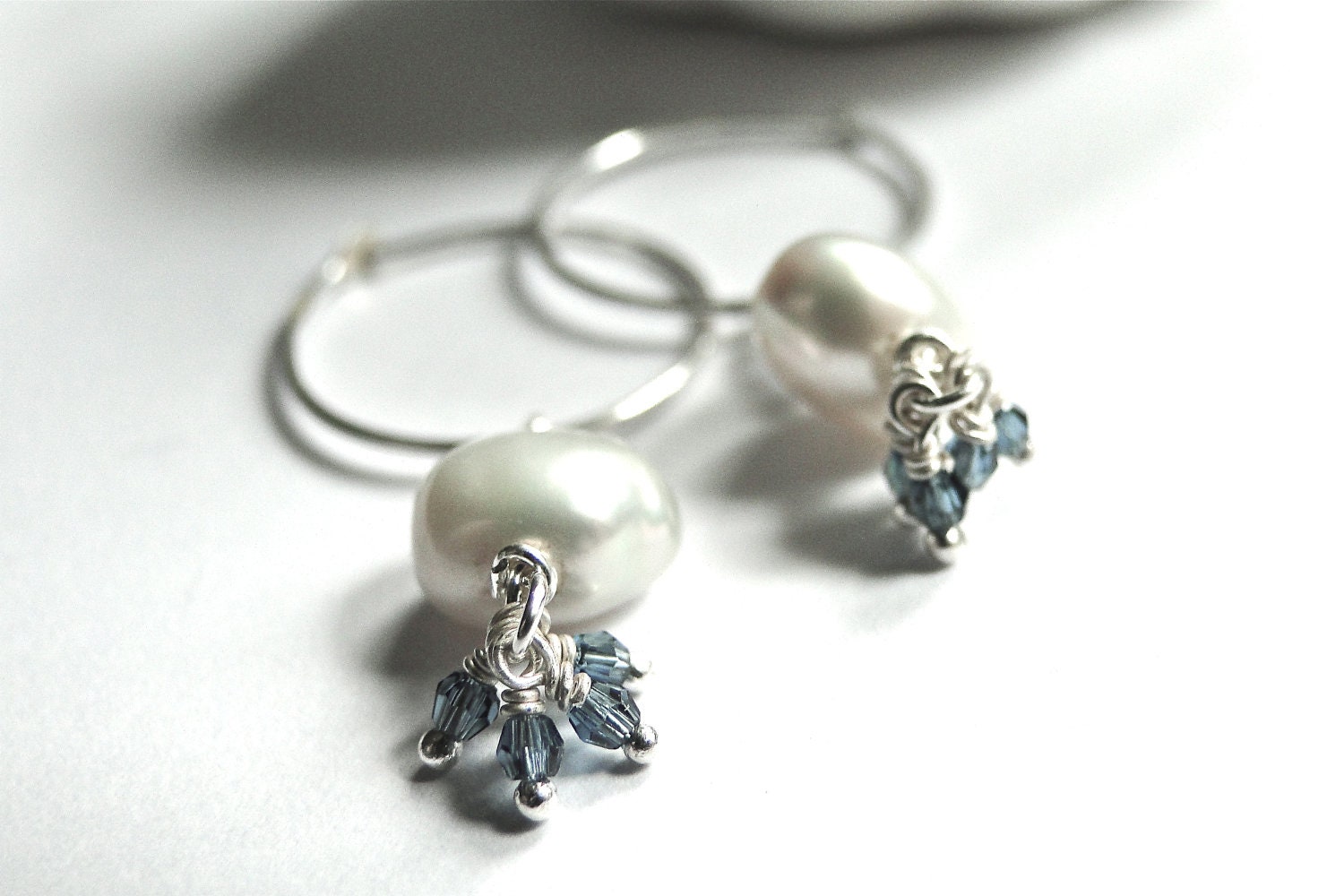 SPRING SALE Jewelry Earrings, Freshwater Pearls and Crystal on Sterling Silver Hoops, Dangle Earrings