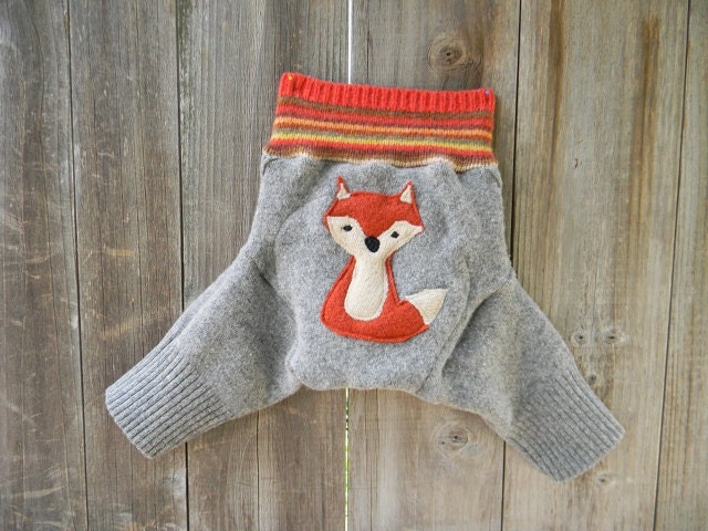 Upcycled Wool Shorties Soaker Cover Diaper Cover With Added Doubler Gray/Orange With Fox Applique MEDIUM 6-12M Kidsgogreen