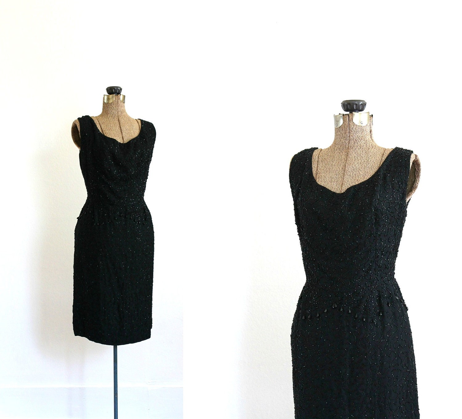 vintage 1950s wiggle dress black 50s fully beaded sleeveless bombshell hourglass cocktail dress