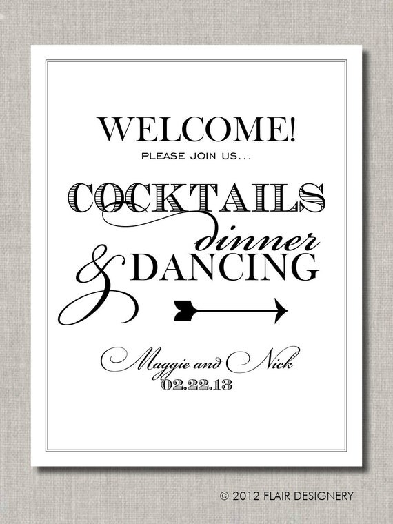 Cocktails Dinner and Dancing Welcome Wedding PRINTABLE Poster, Table Sign or Guest Book Sign by Flair Designery Il_570xn