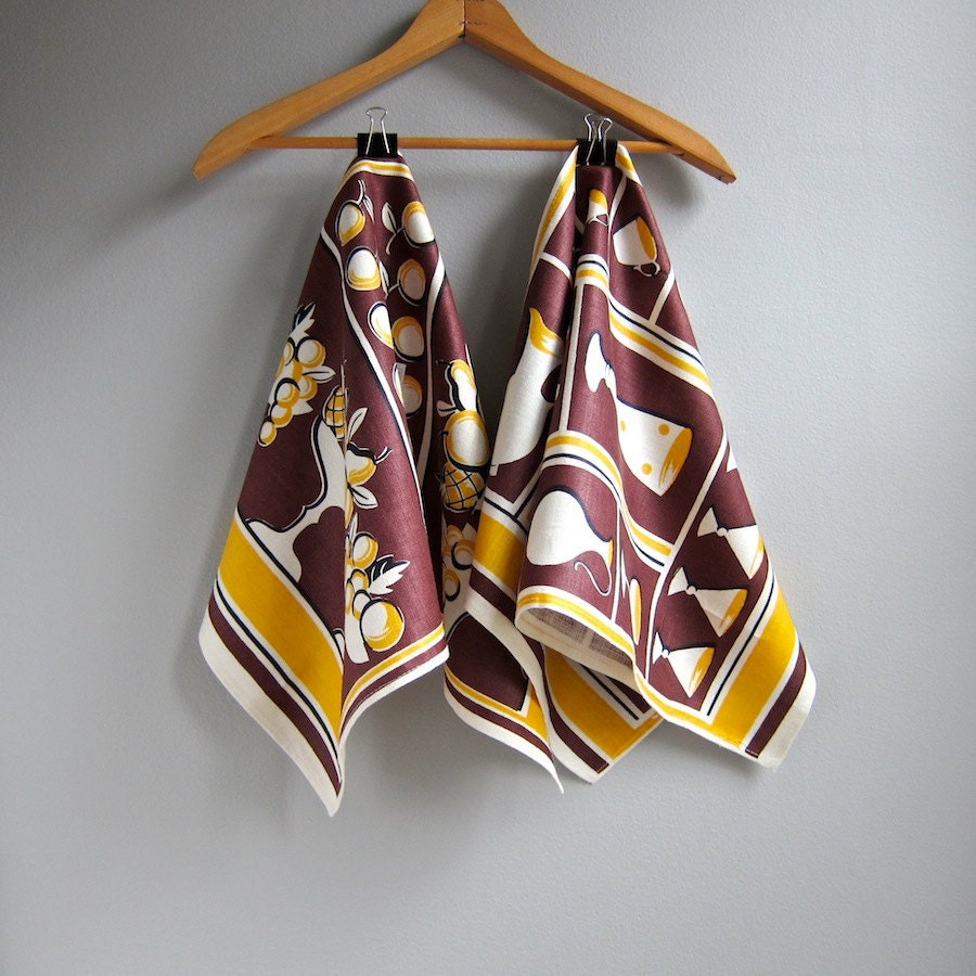 Two Linen Kitchen Towels with Barware and Fruit K B Victory Brown Yellow 1950s NOS