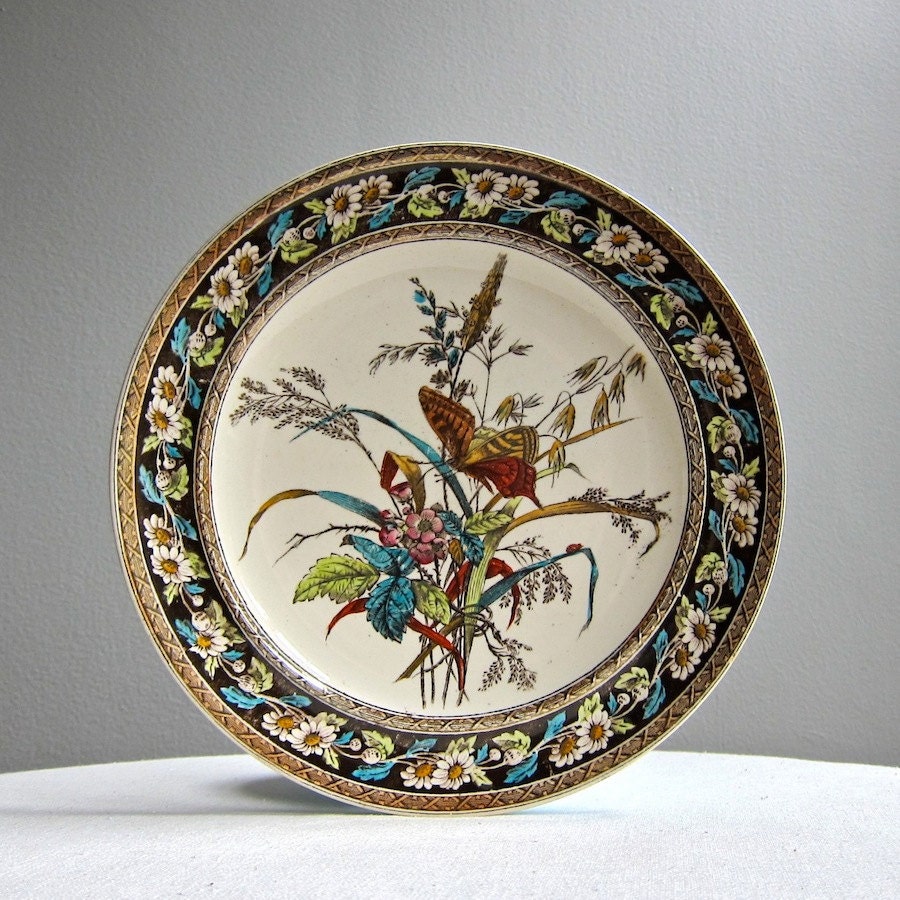 Copeland Spode Butterfly and Daisy Dinner Plates - Set of Six Transferware Plates, 1880