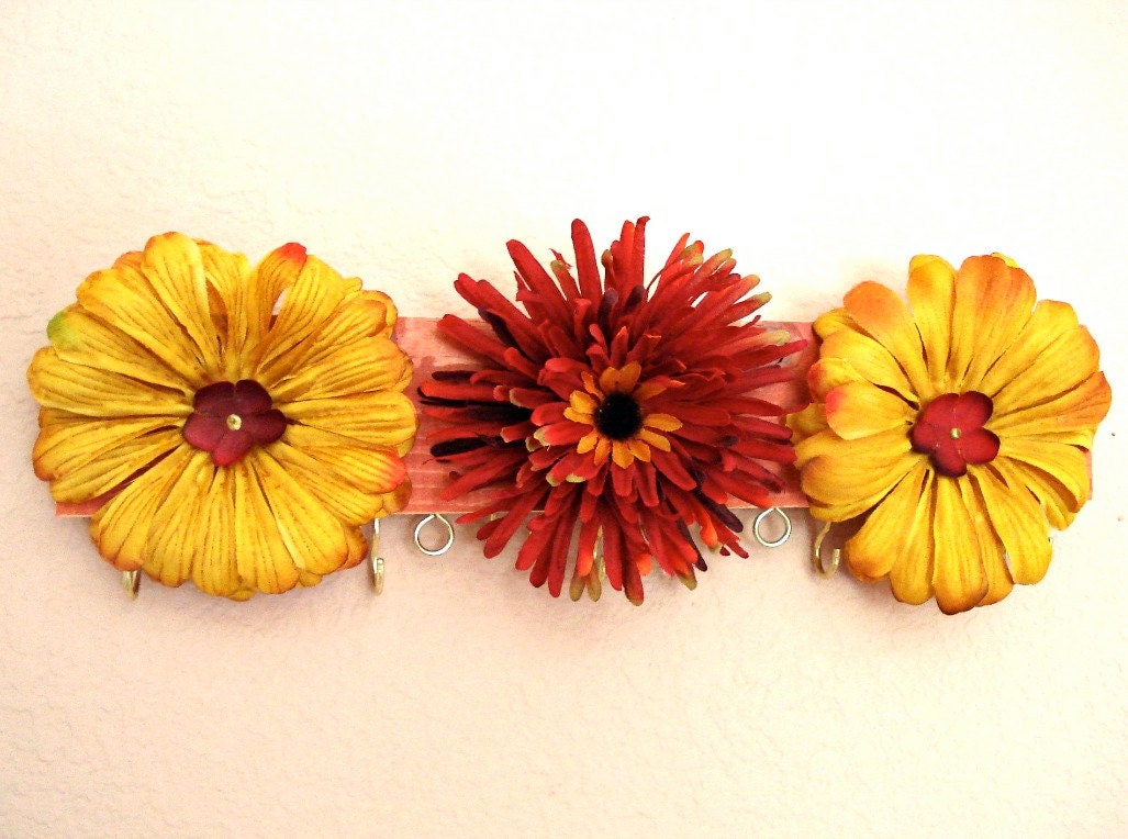 Jewelry display - Red and Yellow Spring Flowers - repurposed from scrap wood by Lolailo