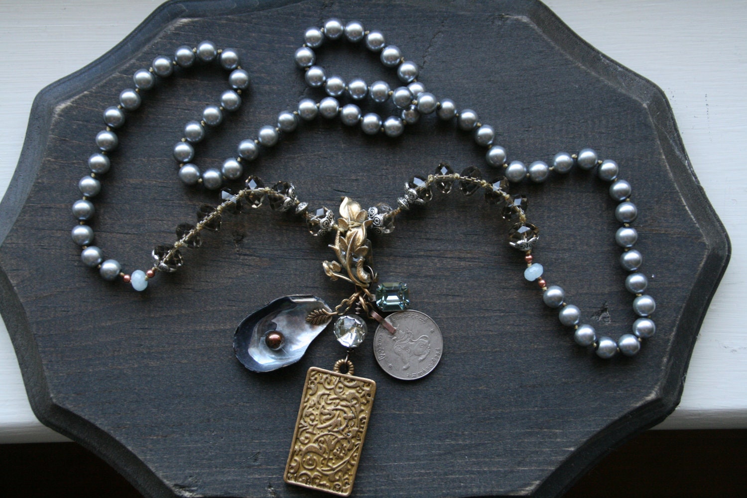 Under the Sea Charm Shell and Pearl Vintage Necklace